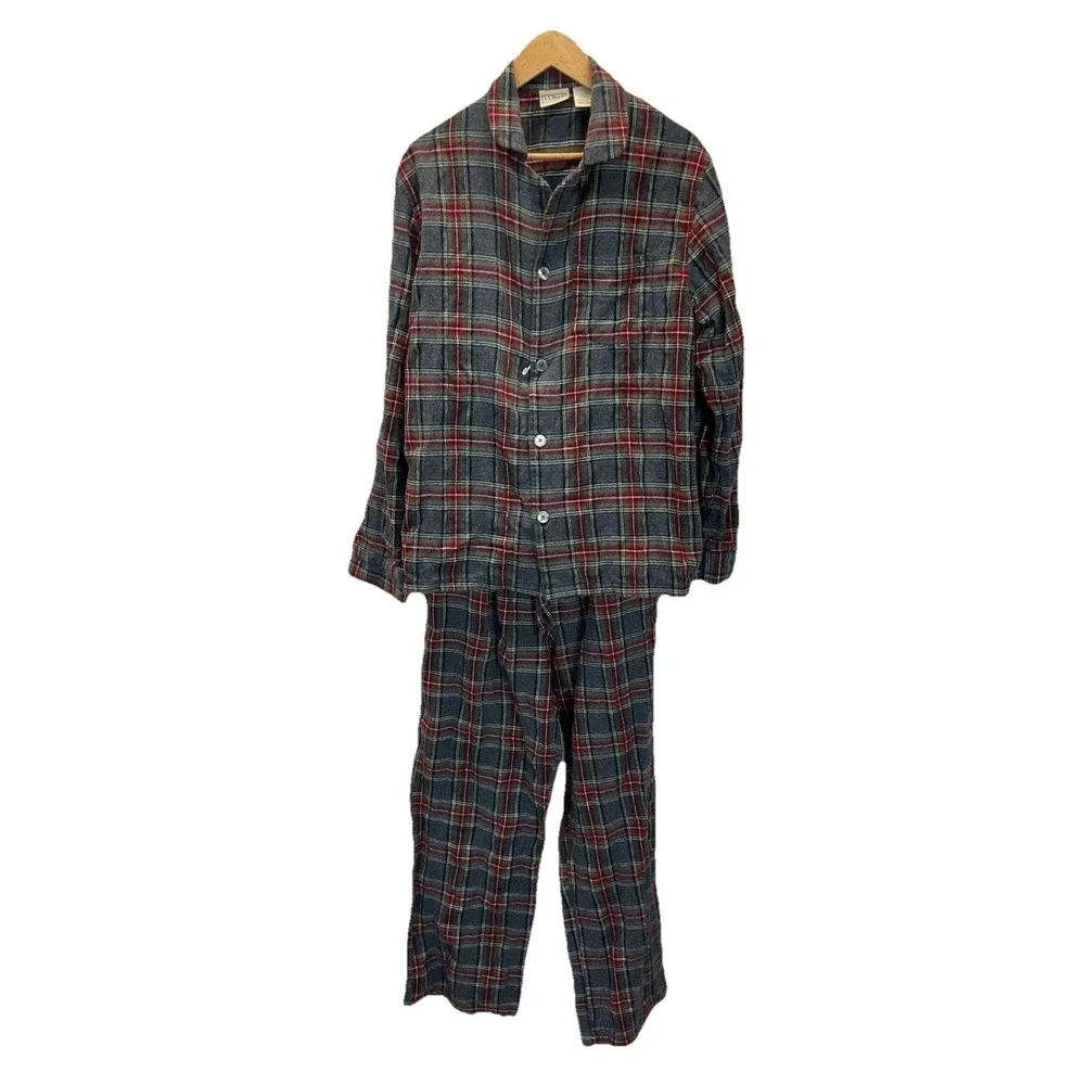 L.L.Bean Men's Scotch Plaid Flannel Pajama Set Gray Red Preppy Classic M Cozy